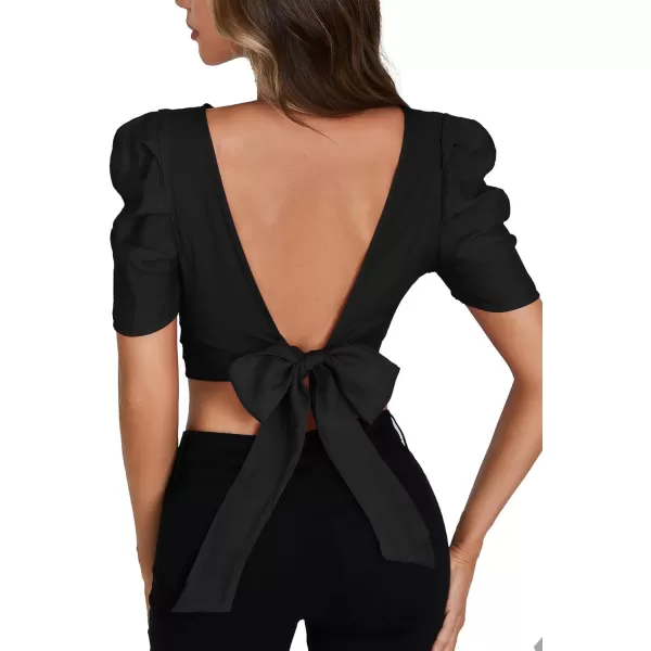 LYANER Women's Crewneck Short Puff Sleeve Backless Tie Up Back Crop Top Shirts Blouse