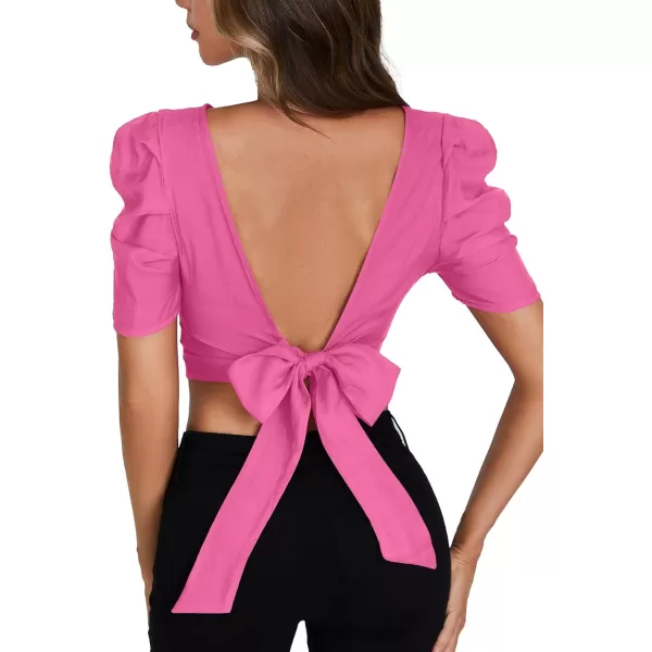 LYANER Women's Crewneck Short Puff Sleeve Backless Tie Up Back Crop Top Shirts Blouse