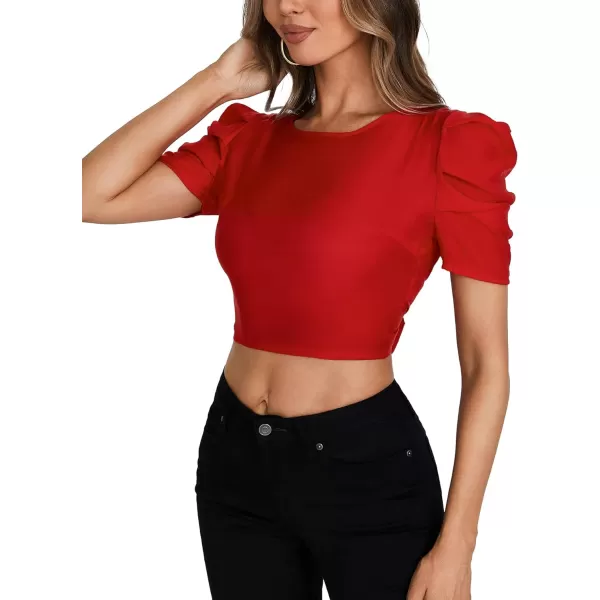 LYANER Women's Crewneck Short Puff Sleeve Backless Tie Up Back Crop Top Shirts Blouse
