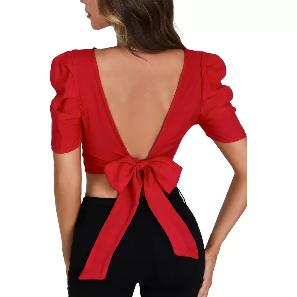 LYANER Women's Crewneck Short Puff Sleeve Backless Tie Up Back Crop Top Shirts Blouse