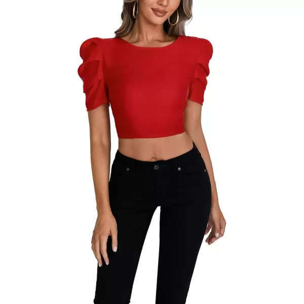LYANER Women's Crewneck Short Puff Sleeve Backless Tie Up Back Crop Top Shirts Blouse