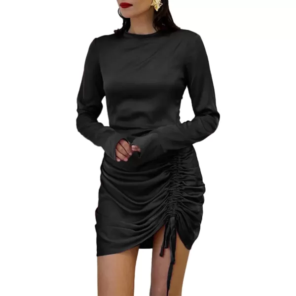 LYANER Women's Crewneck Side Drawstring Ruched Long Sleeve Party Club Mini Dress