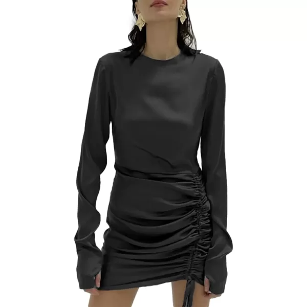 LYANER Women's Crewneck Side Drawstring Ruched Long Sleeve Party Club Mini Dress
