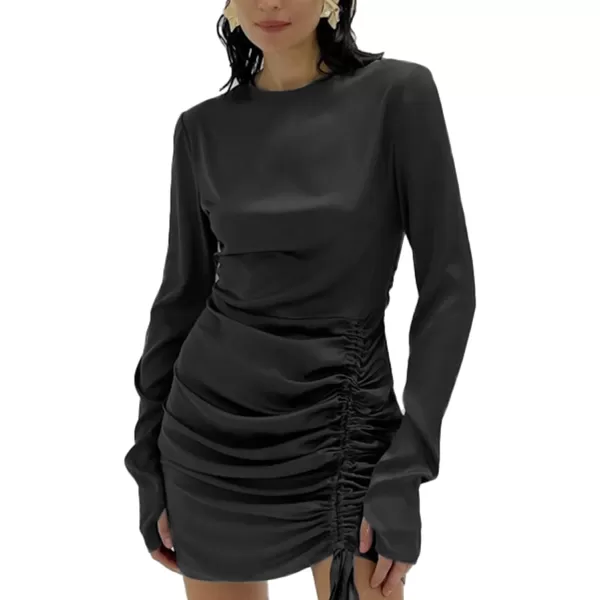 LYANER Women's Crewneck Side Drawstring Ruched Long Sleeve Party Club Mini Dress