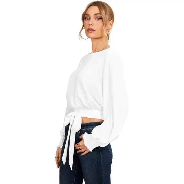 LYANER Women's Crewneck Tie Front Long Puff Sleeve Office Chiffon Crop Top Blouse Shirts