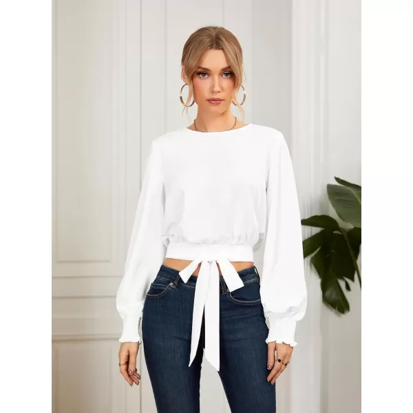 LYANER Women's Crewneck Tie Front Long Puff Sleeve Office Chiffon Crop Top Blouse Shirts
