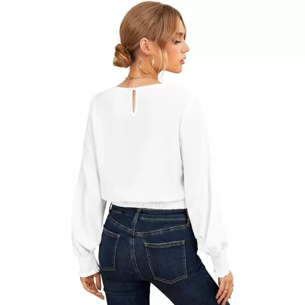 LYANER Women's Crewneck Tie Front Long Puff Sleeve Office Chiffon Crop Top Blouse Shirts