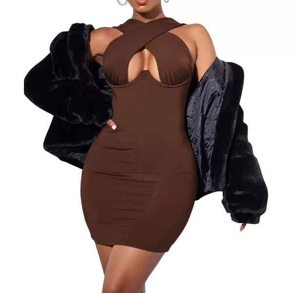 LYANER Women's Cut Out Crisscross Halter Bodycon Wrap Sexy Tank Midi Dress