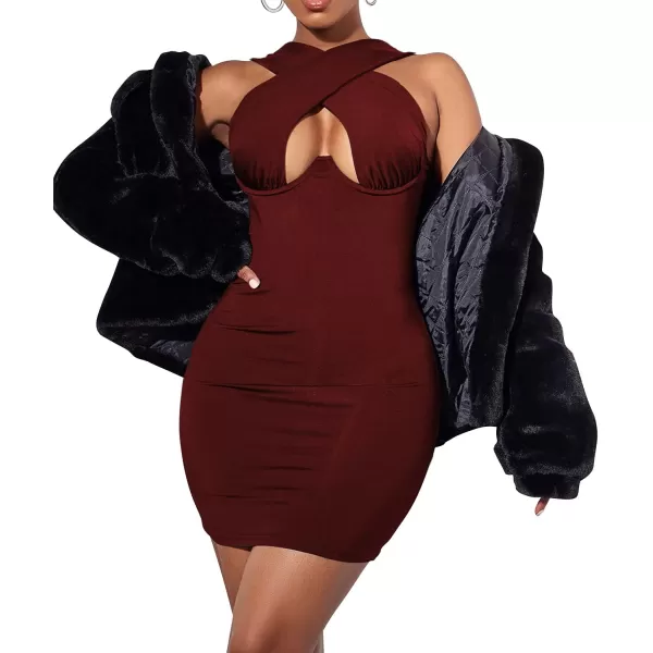LYANER Women's Cut Out Crisscross Halter Bodycon Wrap Sexy Tank Midi Dress