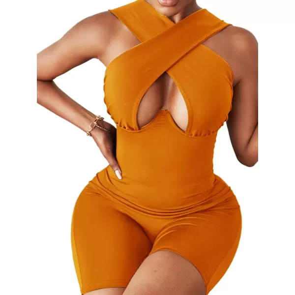 LYANER Women's Cut Out Crisscross Wrap Short Jumpsuit Bodysuit One Piece Catsuit