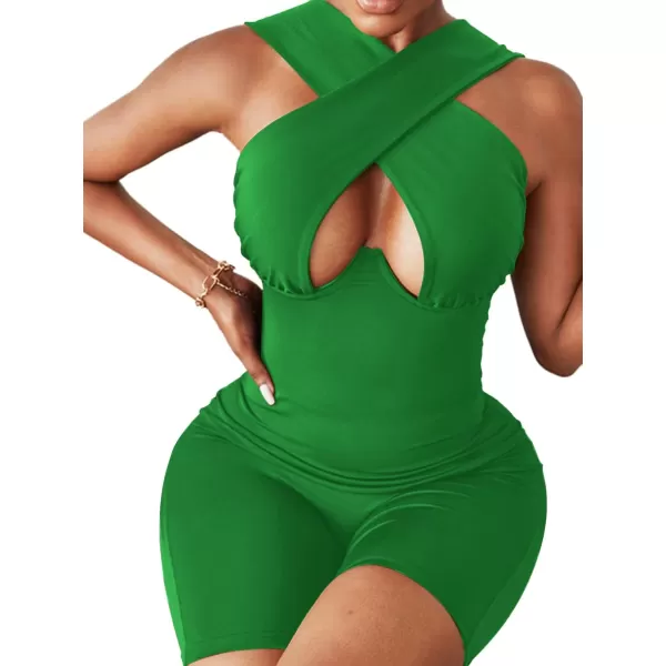 LYANER Women's Cut Out Crisscross Wrap Short Jumpsuit Bodysuit One Piece Catsuit