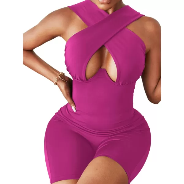 LYANER Women's Cut Out Crisscross Wrap Short Jumpsuit Bodysuit One Piece Catsuit