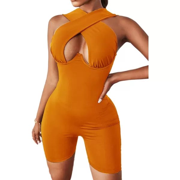 LYANER Women's Cut Out Crisscross Wrap Short Jumpsuit Bodysuit One Piece Catsuit