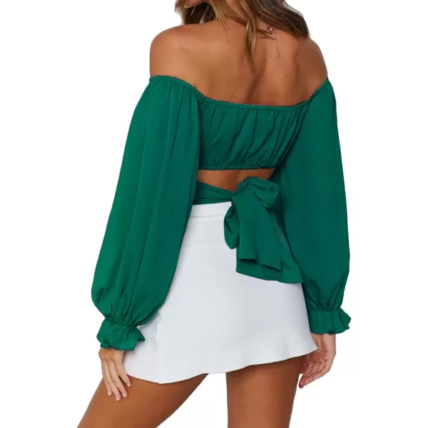 LYANER Women's Cute Off Shoulder Long Sleeve Self Tie Knot Crop Tube Top Blouse