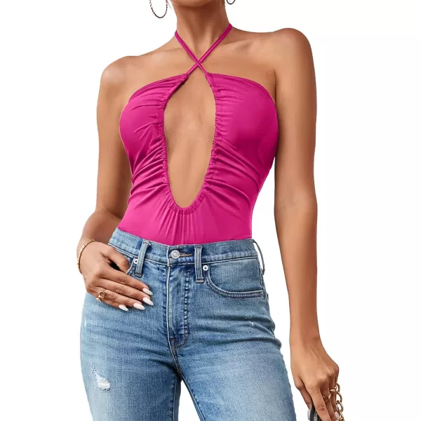 LYANER Women's Cutout Criss Cross Halter Tie Neck Sleeveless Leotard Bodysuit Top