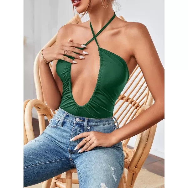 LYANER Women's Cutout Criss Cross Halter Tie Neck Sleeveless Leotard Bodysuit Top