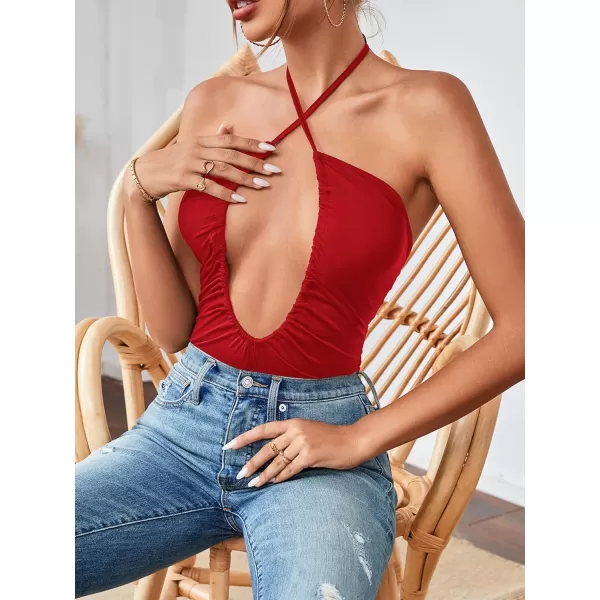 LYANER Women's Cutout Criss Cross Halter Tie Neck Sleeveless Leotard Bodysuit Top