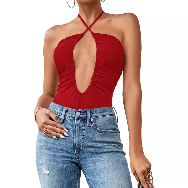 LYANER Women's Cutout Criss Cross Halter Tie Neck Sleeveless Leotard Bodysuit Top