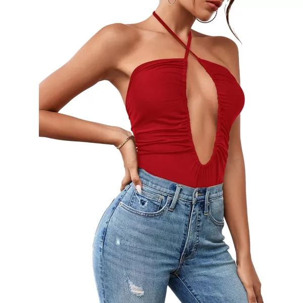 LYANER Women's Cutout Criss Cross Halter Tie Neck Sleeveless Leotard Bodysuit Top