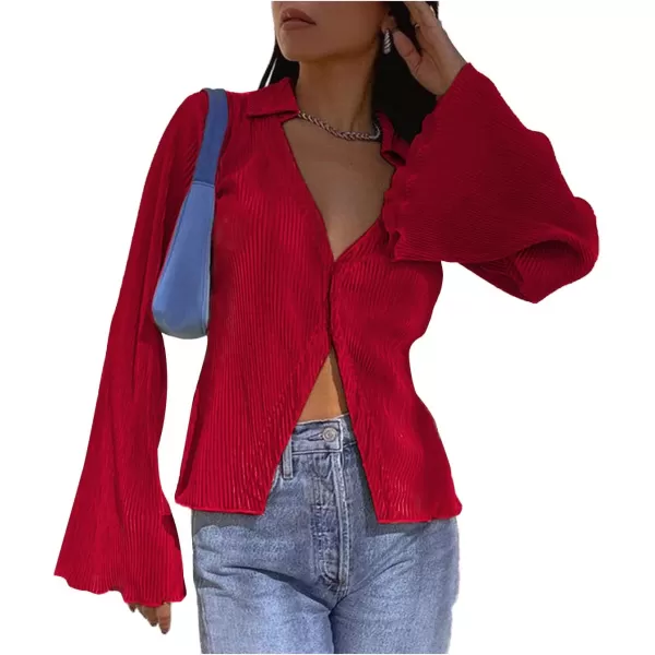 LYANER Women's Deep V Neck Button Front Bell Long Sleeve Blouse Shirt Top