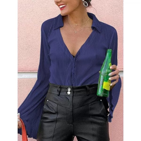 LYANER Women's Deep V Neck Button Front Bell Long Sleeve Blouse Shirt Top
