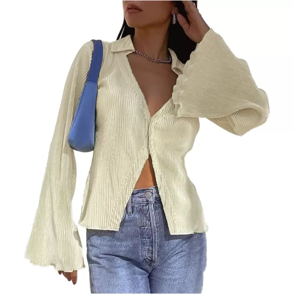 LYANER Women's Deep V Neck Button Front Bell Long Sleeve Blouse Shirt Top