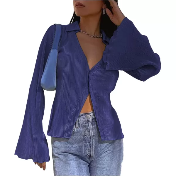 LYANER Women's Deep V Neck Button Front Bell Long Sleeve Blouse Shirt Top