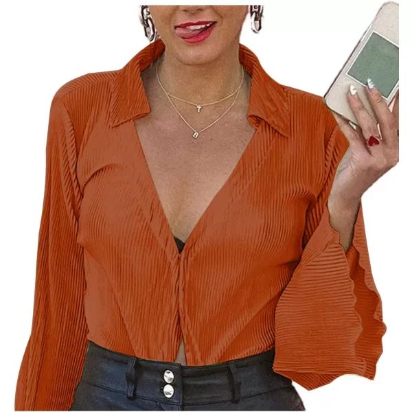 LYANER Women's Deep V Neck Button Front Bell Long Sleeve Blouse Shirt Top