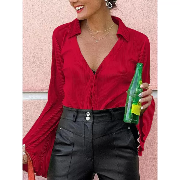 LYANER Women's Deep V Neck Button Front Bell Long Sleeve Blouse Shirt Top
