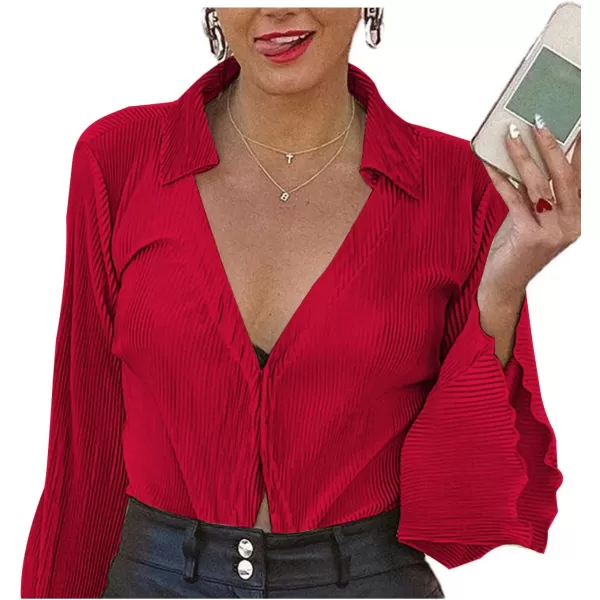 LYANER Women's Deep V Neck Button Front Bell Long Sleeve Blouse Shirt Top