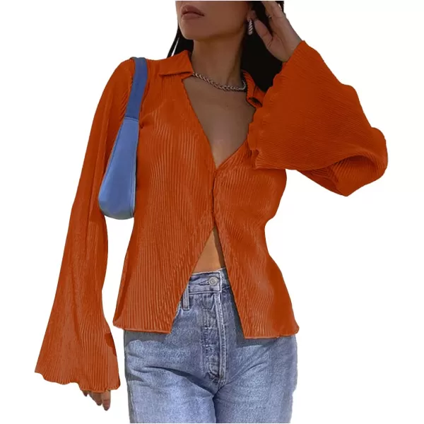 LYANER Women's Deep V Neck Button Front Bell Long Sleeve Blouse Shirt Top