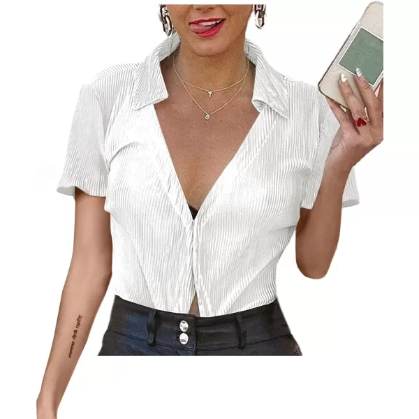 LYANER Women's Deep V Neck Button Front Split Slit Short Sleeve Sexy Blouse Top Shirt