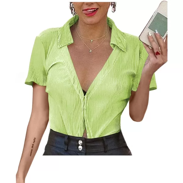 LYANER Women's Deep V Neck Button Front Split Slit Short Sleeve Sexy Blouse Top Shirt