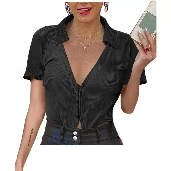 LYANER Women's Deep V Neck Button Front Split Slit Short Sleeve Sexy Blouse Top Shirt