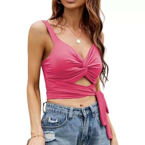 LYANER Women's Deep V Neck Criss Crossed Twist Knot Hollow Out Self Tie Crop Tank Sleeveless Top