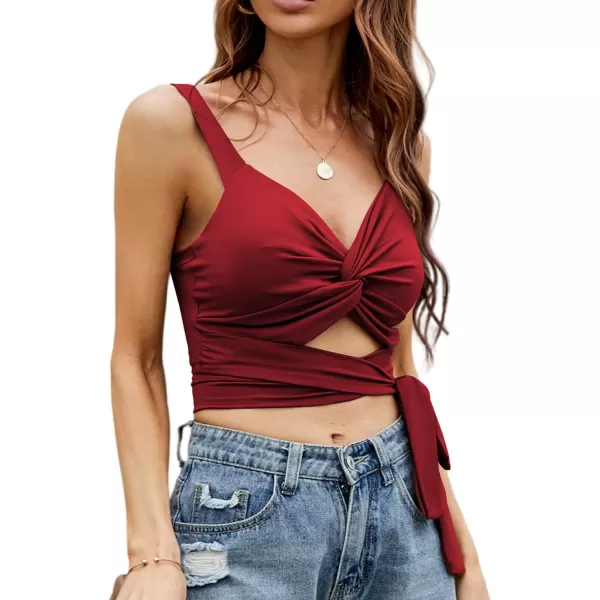 LYANER Women's Deep V Neck Criss Crossed Twist Knot Hollow Out Self Tie Crop Tank Sleeveless Top