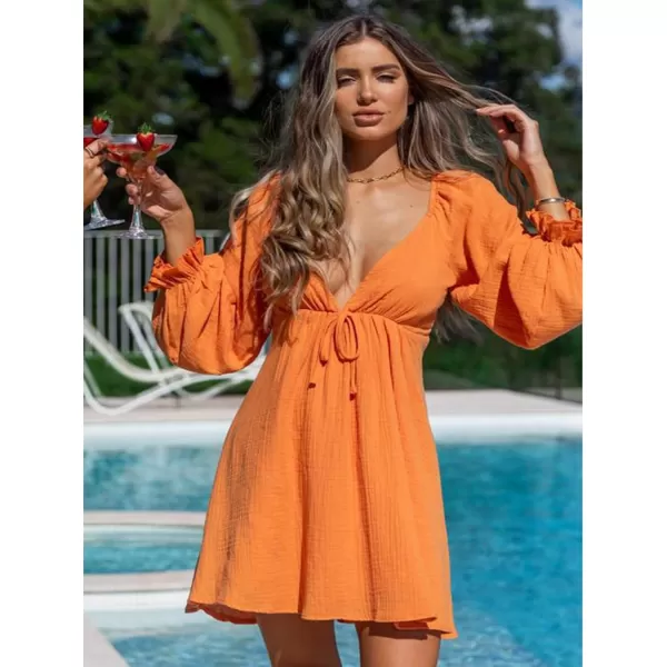 LYANER Women's Deep V Neck Elastic Waist Puff Long Sleeve Swing Flowy Mini Beach Dress