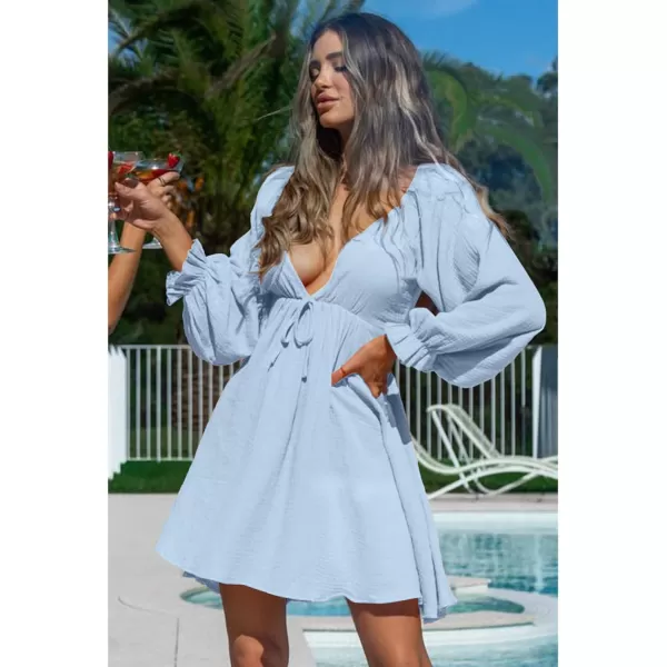 LYANER Women's Deep V Neck Elastic Waist Puff Long Sleeve Swing Flowy Mini Beach Dress