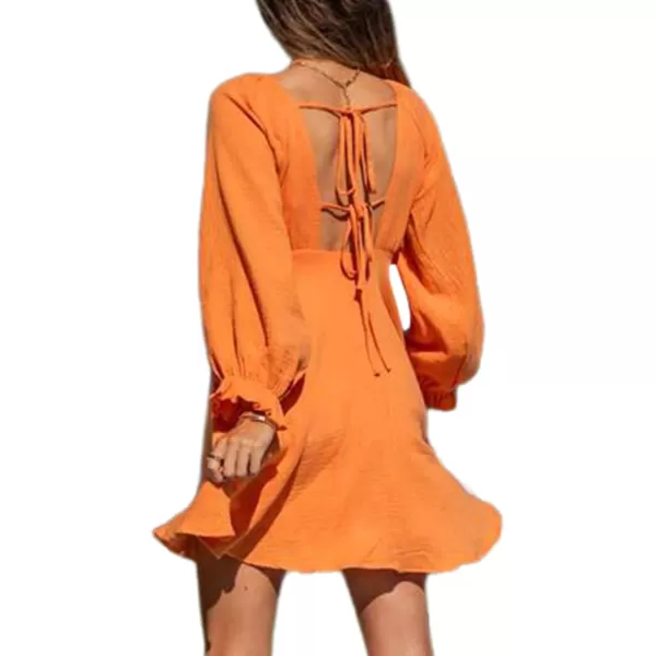 LYANER Women's Deep V Neck Elastic Waist Puff Long Sleeve Swing Flowy Mini Beach Dress