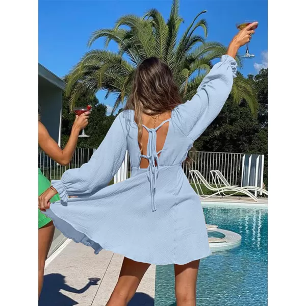 LYANER Women's Deep V Neck Elastic Waist Puff Long Sleeve Swing Flowy Mini Beach Dress