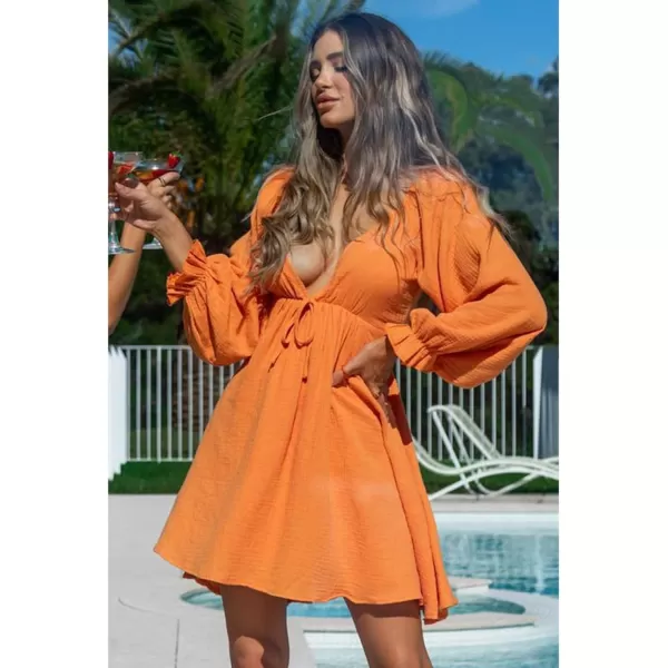 LYANER Women's Deep V Neck Elastic Waist Puff Long Sleeve Swing Flowy Mini Beach Dress