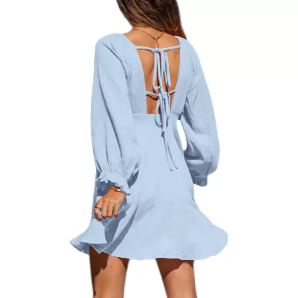LYANER Women's Deep V Neck Elastic Waist Puff Long Sleeve Swing Flowy Mini Beach Dress