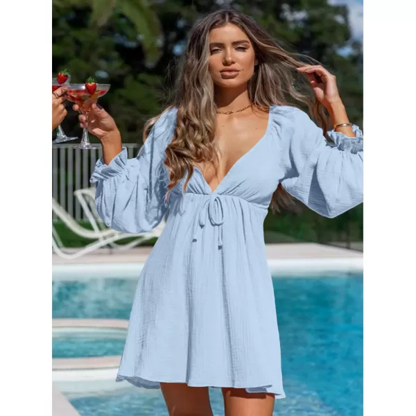 LYANER Women's Deep V Neck Elastic Waist Puff Long Sleeve Swing Flowy Mini Beach Dress