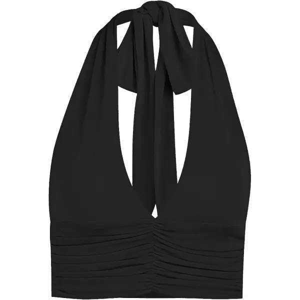LYANER Women's Deep V Neck Halter Crop Top Tie Back Sleeveless Backless Cami