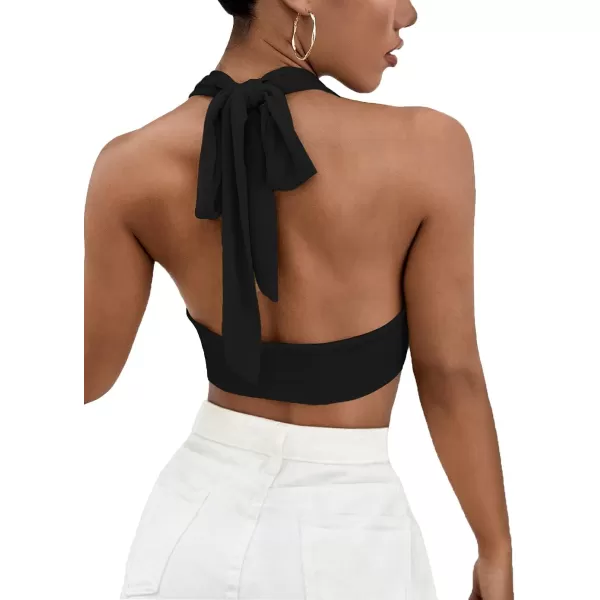 LYANER Women's Deep V Neck Halter Crop Top Tie Back Sleeveless Backless Cami
