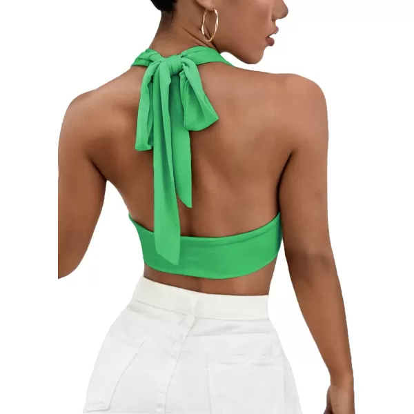LYANER Women's Deep V Neck Halter Crop Top Tie Back Sleeveless Backless Cami