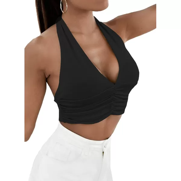 LYANER Women's Deep V Neck Halter Crop Top Tie Back Sleeveless Backless Cami