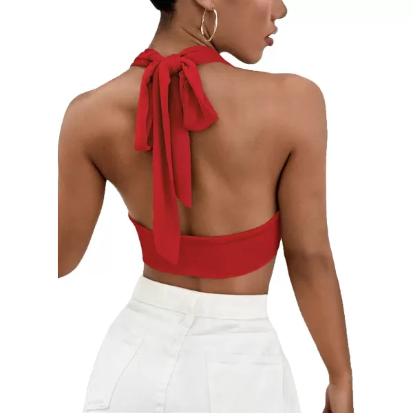 LYANER Women's Deep V Neck Halter Crop Top Tie Back Sleeveless Backless Cami