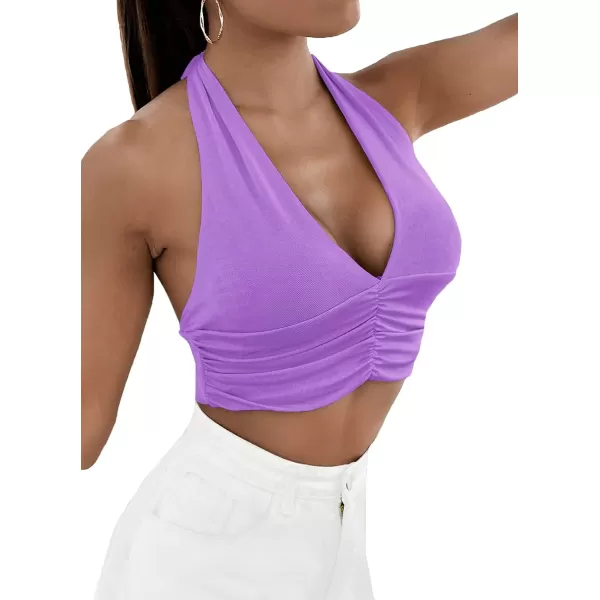 LYANER Women's Deep V Neck Halter Crop Top Tie Back Sleeveless Backless Cami