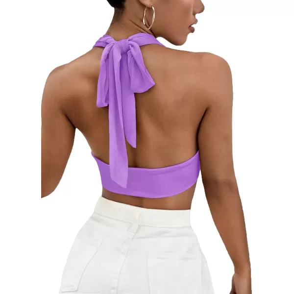 LYANER Women's Deep V Neck Halter Crop Top Tie Back Sleeveless Backless Cami